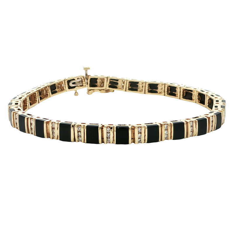 Estate 14k Yellow Gold Diamond and Black Onyx Channel Set Bracelet