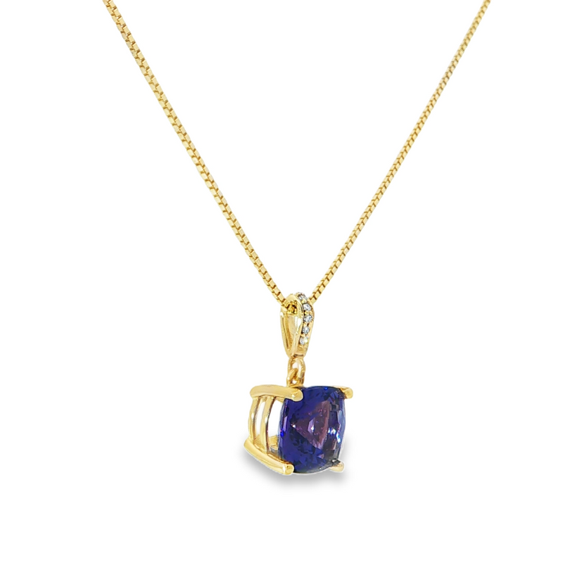 14k Yellow Gold Cushion Cut Tanzanite and Diamond Pendant