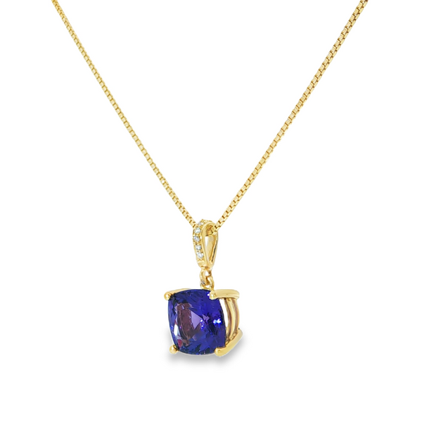 14k Yellow Gold Cushion Cut Tanzanite and Diamond Pendant