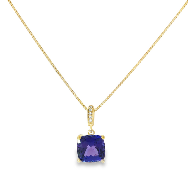 14k Yellow Gold Cushion Cut Tanzanite and Diamond Pendant
