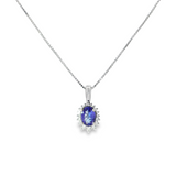 14k White Gold Oval Tanzanite and Diamond Halo Necklace