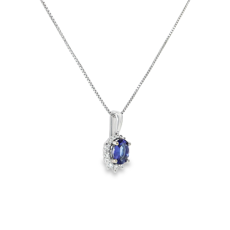 14k White Gold Oval Tanzanite and Diamond Halo Necklace