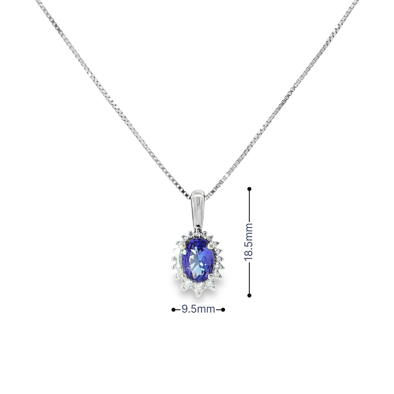 14k White Gold Oval Tanzanite and Diamond Halo Necklace