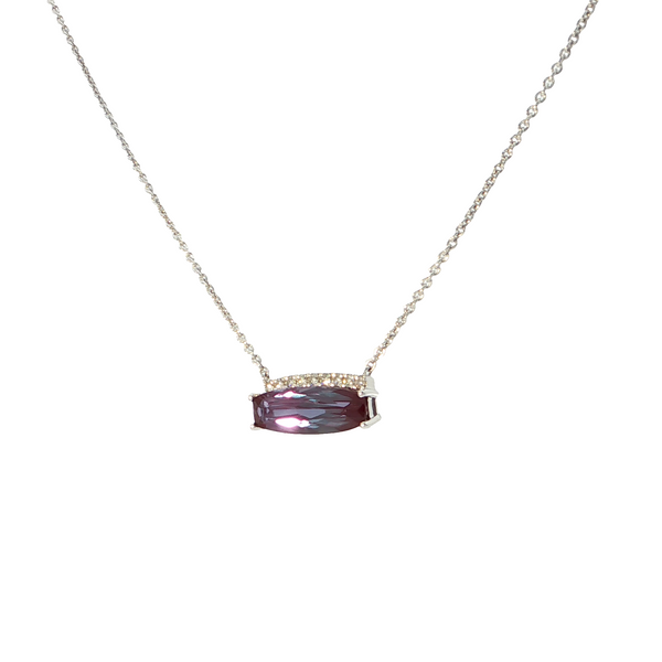 14k White Gold Lab Created Alexandrite and Diamond Bar Pendant