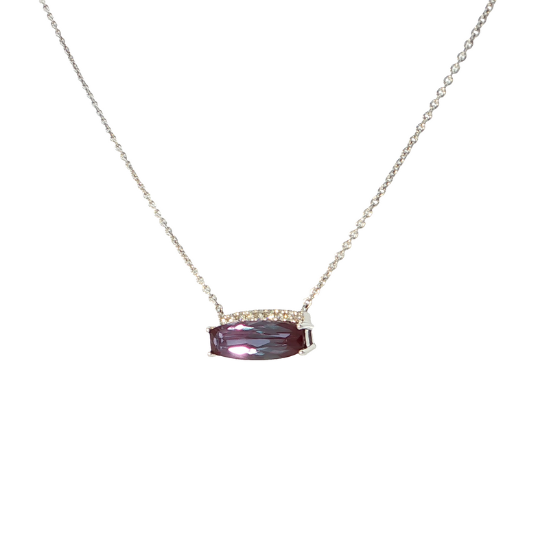 14k White Gold Lab Created Alexandrite and Diamond Bar Pendant