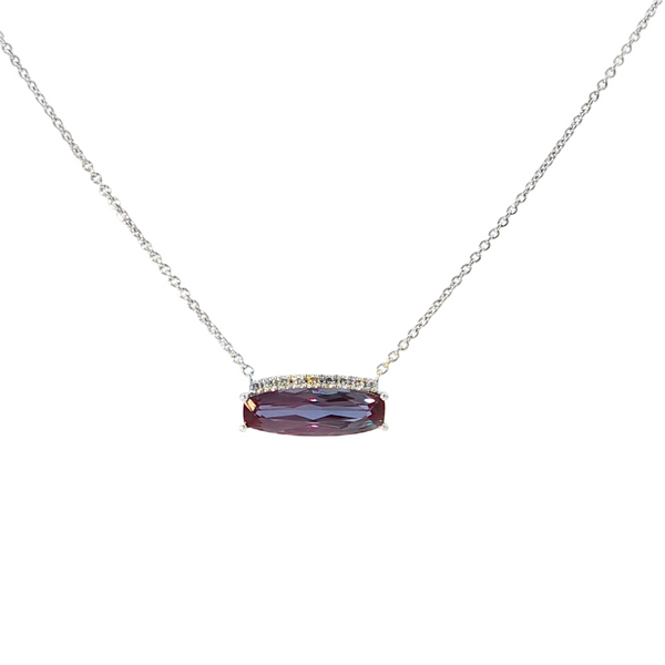 14k White Gold Lab Created Alexandrite and Diamond Bar Pendant