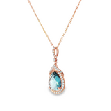 14k Rose Gold Pear Blue Topaz and Diamond Halo Pendant