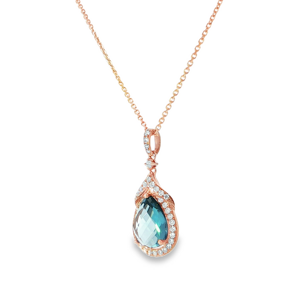14k Rose Gold Pear Blue Topaz and Diamond Halo Pendant