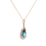 14k Rose Gold Pear Blue Topaz and Diamond Halo Pendant