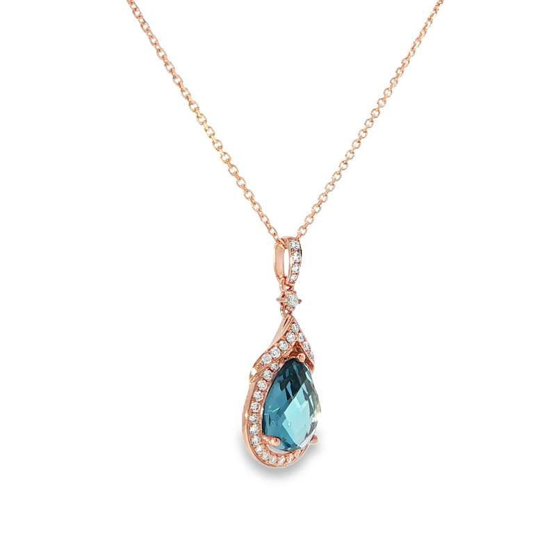14k Rose Gold Pear Blue Topaz and Diamond Halo Pendant