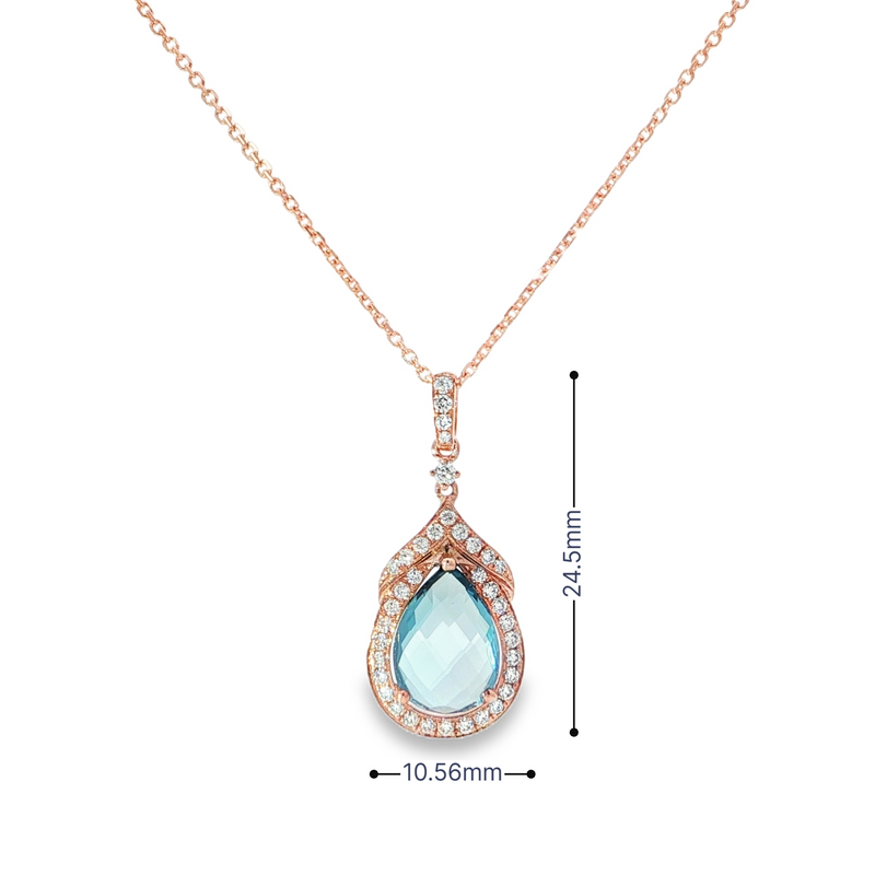 14k Rose Gold Pear Blue Topaz and Diamond Halo Pendant