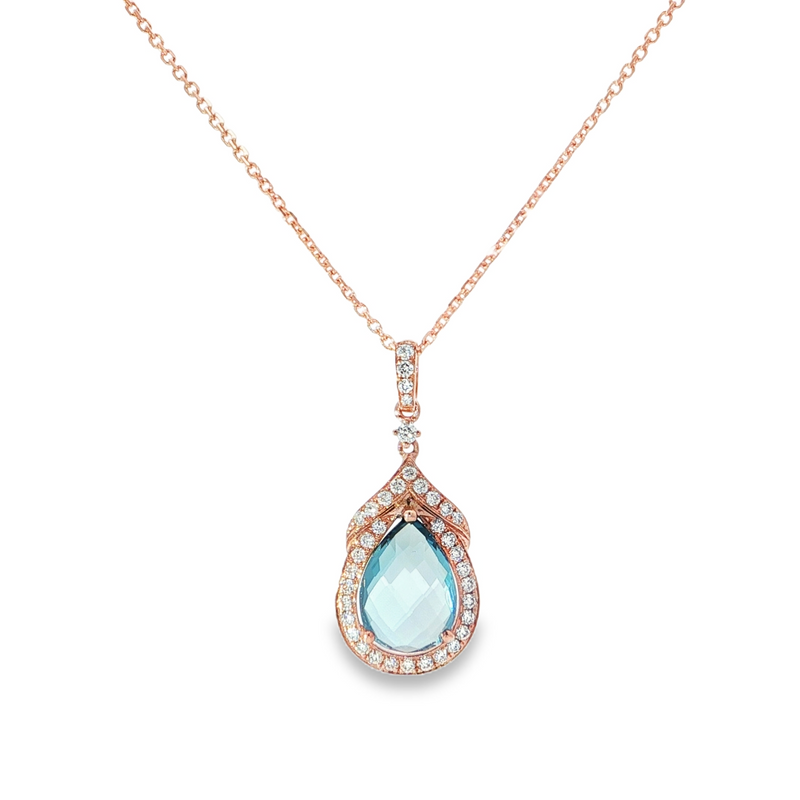 14k Rose Gold Pear Blue Topaz and Diamond Halo Pendant