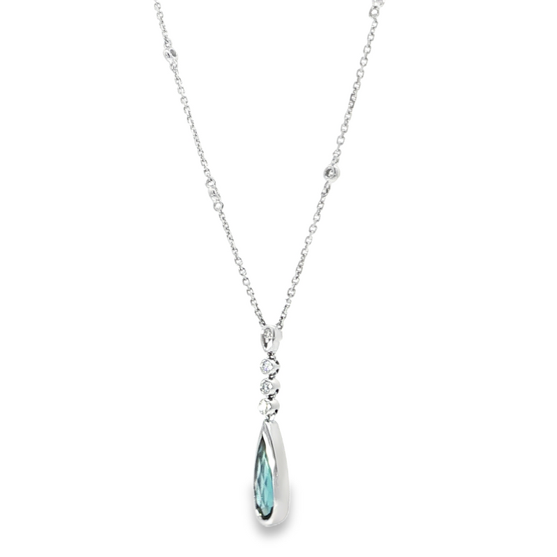 14K White Gold Bezel Set Pear-Shaped London Blue Topaz Drop Necklace with Diamond Accents