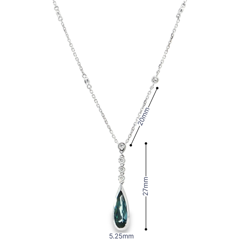 14K White Gold Bezel Set Pear-Shaped London Blue Topaz Drop Necklace with Diamond Accents