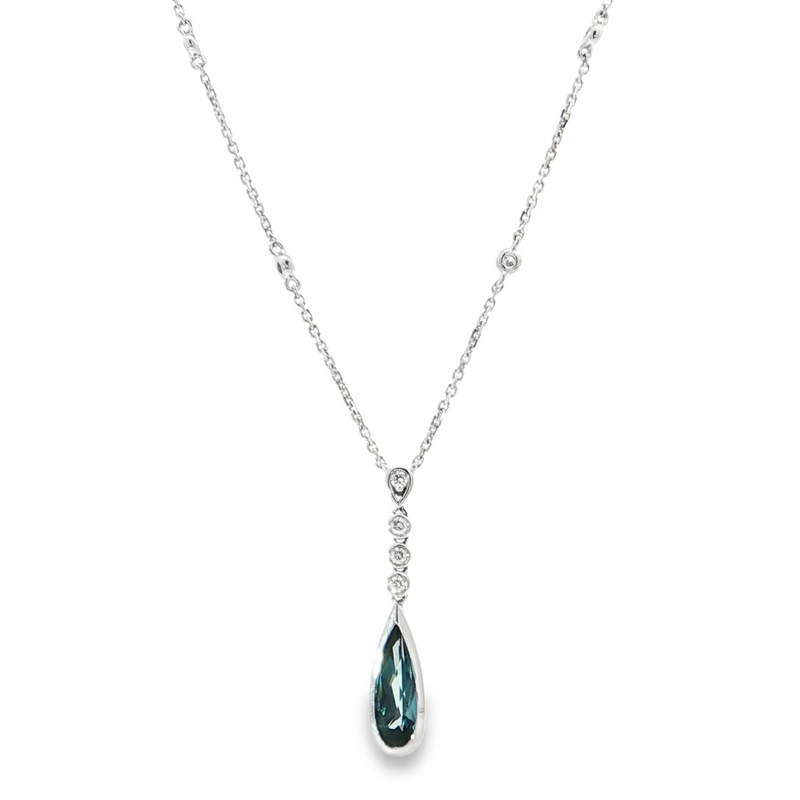 14K White Gold Bezel Set Pear-Shaped London Blue Topaz Drop Necklace with Diamond Accents