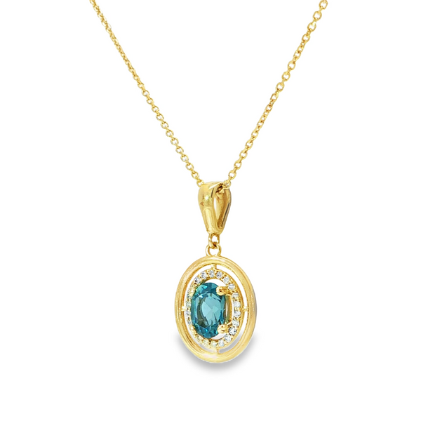 14k Yellow Gold Oval Blue Topaz and Diamond Halo Pendant