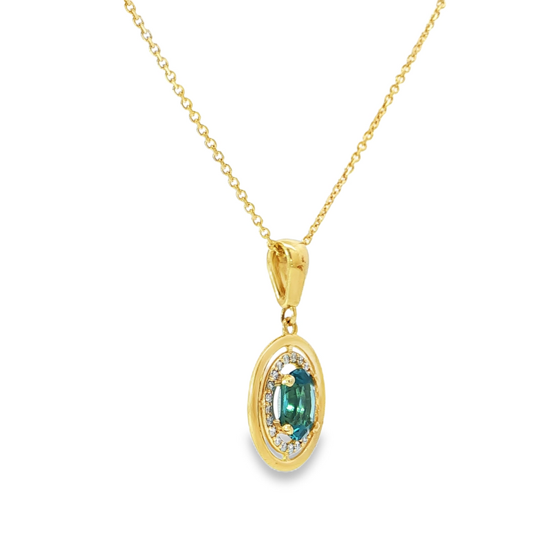 14k Yellow Gold Oval Blue Topaz and Diamond Halo Pendant