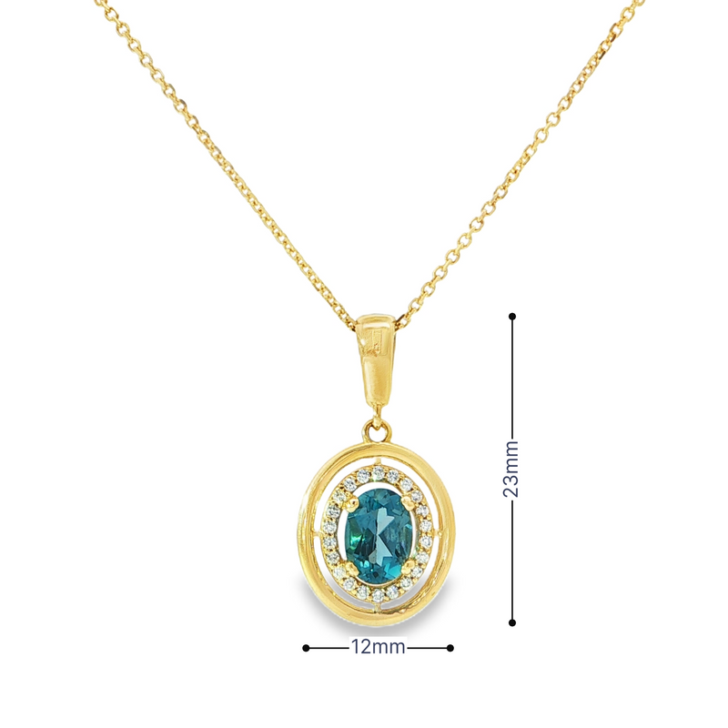14k Yellow Gold Oval Blue Topaz and Diamond Halo Pendant