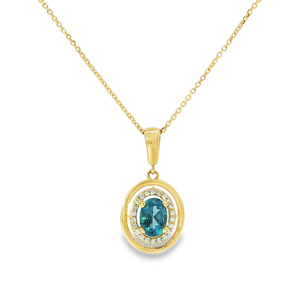 14k Yellow Gold Oval Blue Topaz and Diamond Halo Pendant
