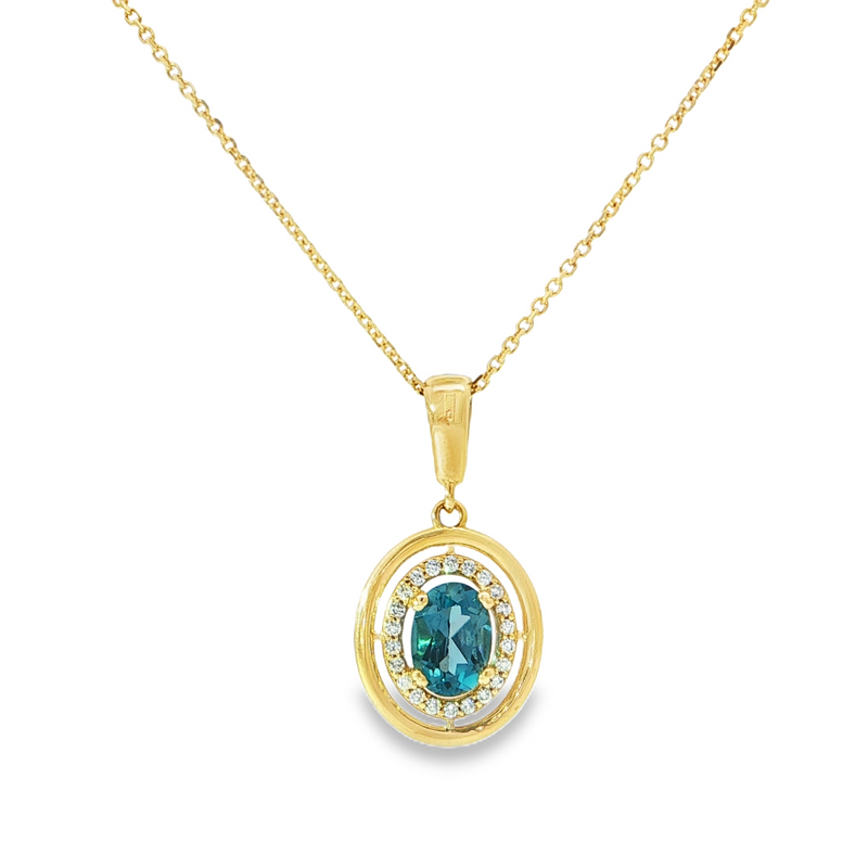 14k Yellow Gold Oval Blue Topaz and Diamond Halo Pendant