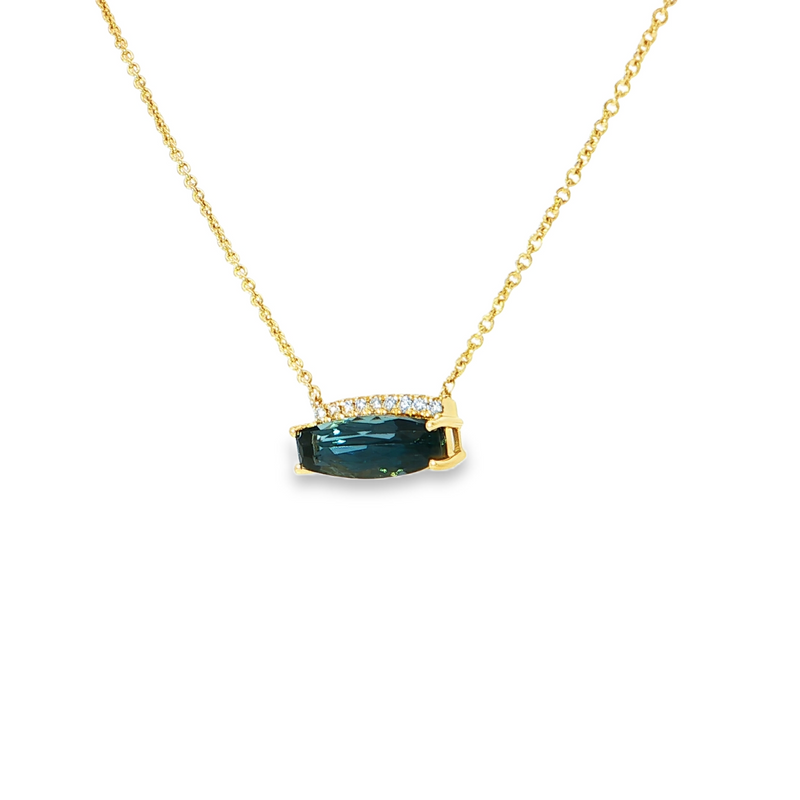 14k Yellow Gold Elongated Cushion Cut London Blue Topaz and Diamond Bar Necklace