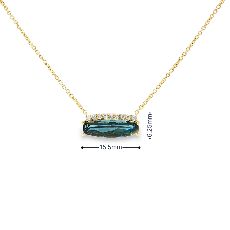 14k Yellow Gold Elongated Cushion Cut London Blue Topaz and Diamond Bar Necklace