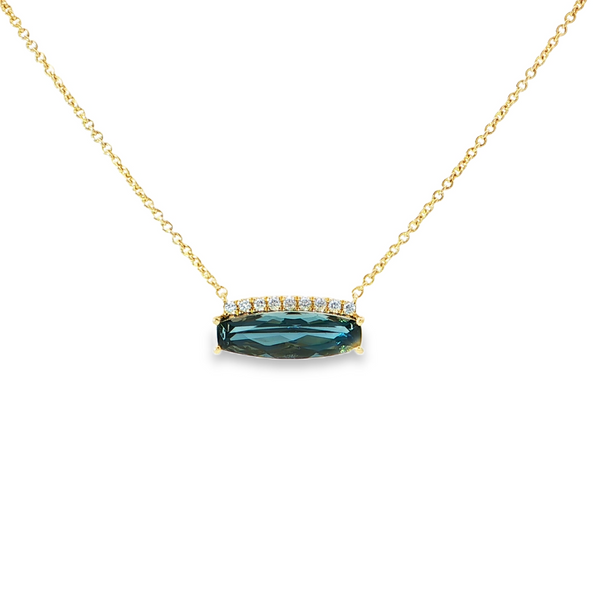 14k Yellow Gold Elongated Cushion Cut London Blue Topaz and Diamond Bar Necklace