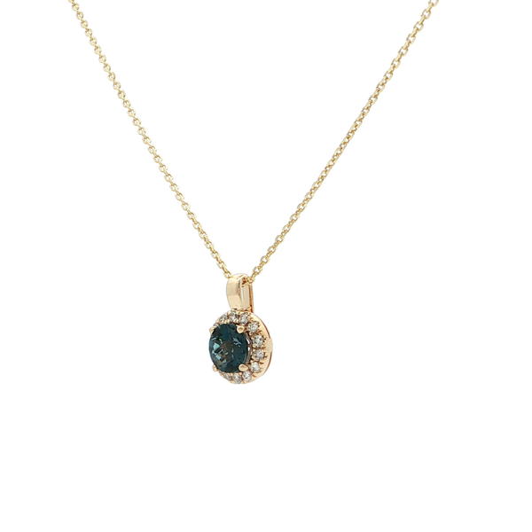 14k Yellow Gold Round London Blue Topaz and Diamond Halo Pendant