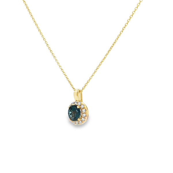 14k Yellow Gold Round London Blue Topaz and Diamond Halo Pendant