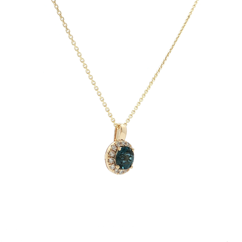 14k Yellow Gold Round London Blue Topaz and Diamond Halo Pendant
