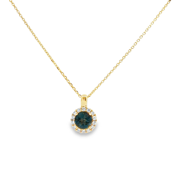 14k Yellow Gold Round London Blue Topaz and Diamond Halo Pendant