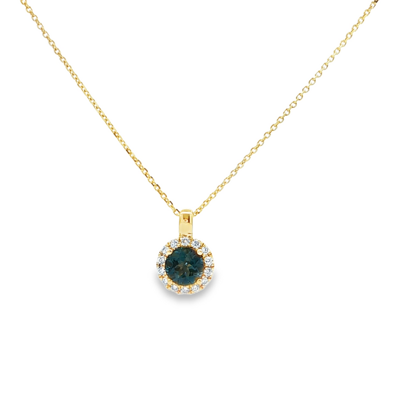 14k Yellow Gold Round London Blue Topaz and Diamond Halo Pendant