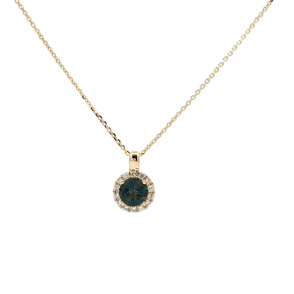 14k Yellow Gold Round London Blue Topaz and Diamond Halo Pendant