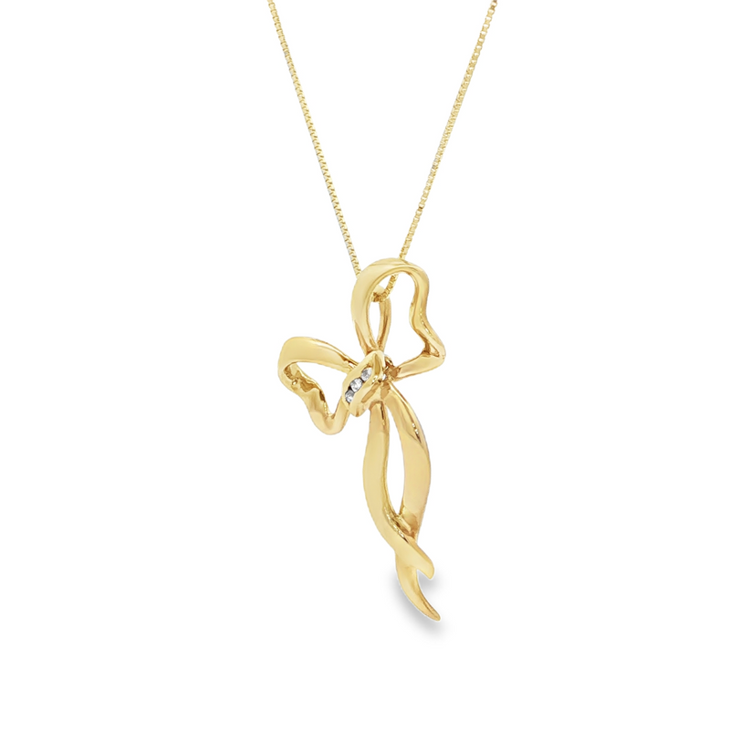 Estate 14k Yellow Gold Bow Necklace with Diamond Accents
