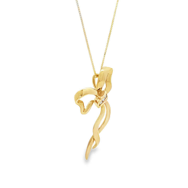 Estate 14k Yellow Gold Bow Necklace with Diamond Accents
