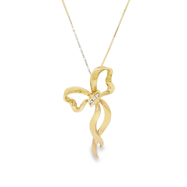 Estate 14k Yellow Gold Bow Necklace with Diamond Accents
