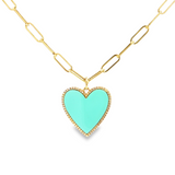 14k Yellow Gold Turquoise Heart Pendant on Paperclip Chain