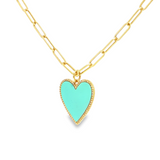 14k Yellow Gold Turquoise Heart Pendant on Paperclip Chain