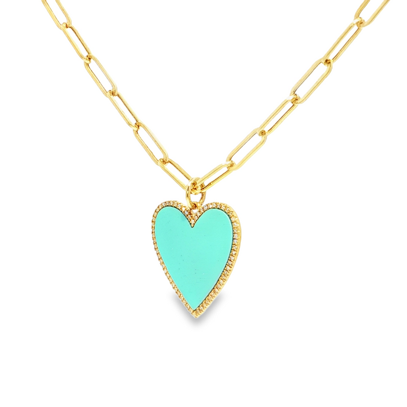 14k Yellow Gold Turquoise Heart Pendant on Paperclip Chain