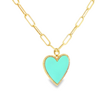 14k Yellow Gold Turquoise Heart Pendant on Paperclip Chain