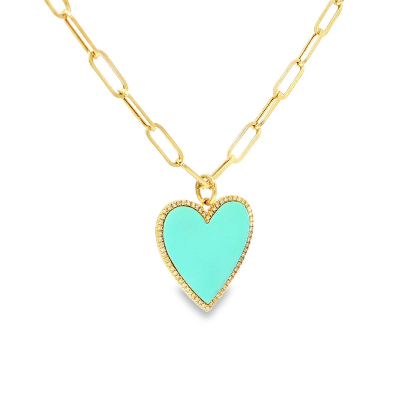 14k Yellow Gold Turquoise Heart Pendant on Paperclip Chain