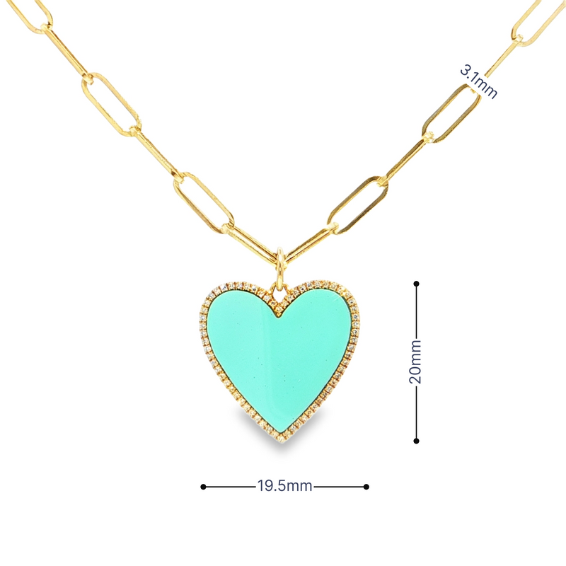 14k Yellow Gold Turquoise Heart Pendant on Paperclip Chain