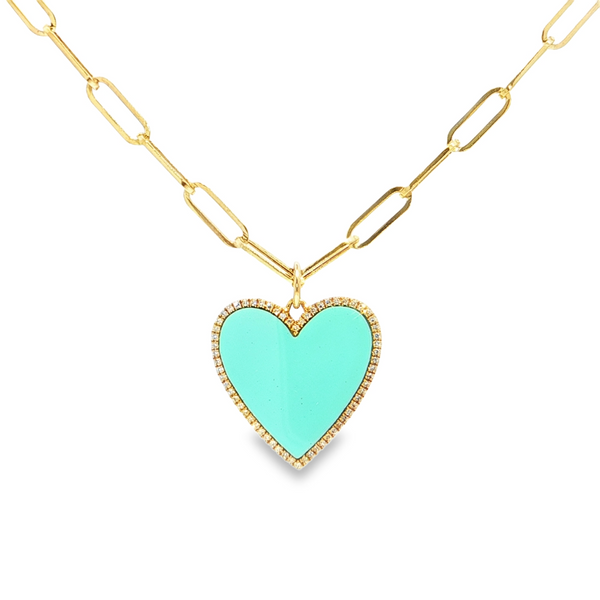 14k Yellow Gold Turquoise Heart Pendant on Paperclip Chain