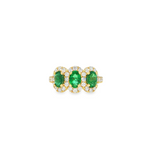14k Yellow Gold Oval Emerald Three-Stone Halo Ring