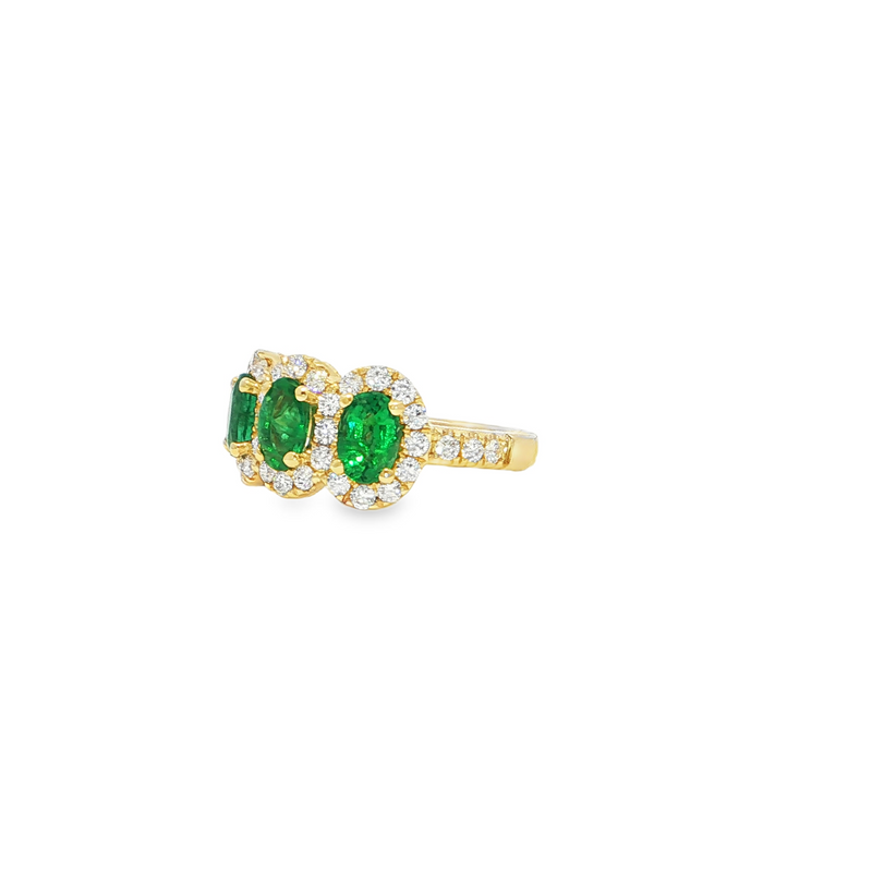 14k Yellow Gold Oval Emerald Three-Stone Halo Ring