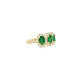 14k Yellow Gold Oval Emerald Three-Stone Halo Ring
