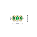 14k Yellow Gold Oval Emerald Three-Stone Halo Ring