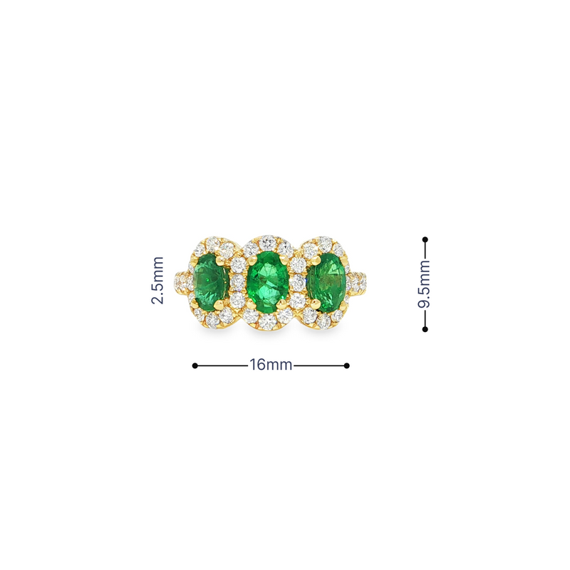 14k Yellow Gold Oval Emerald Three-Stone Halo Ring