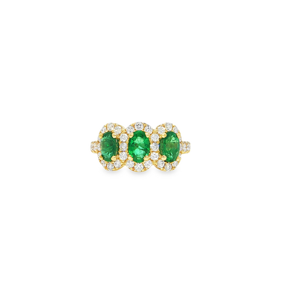 14k Yellow Gold Oval Emerald Three-Stone Halo Ring