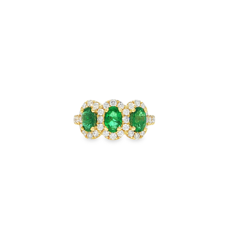 14k Yellow Gold Oval Emerald Three-Stone Halo Ring